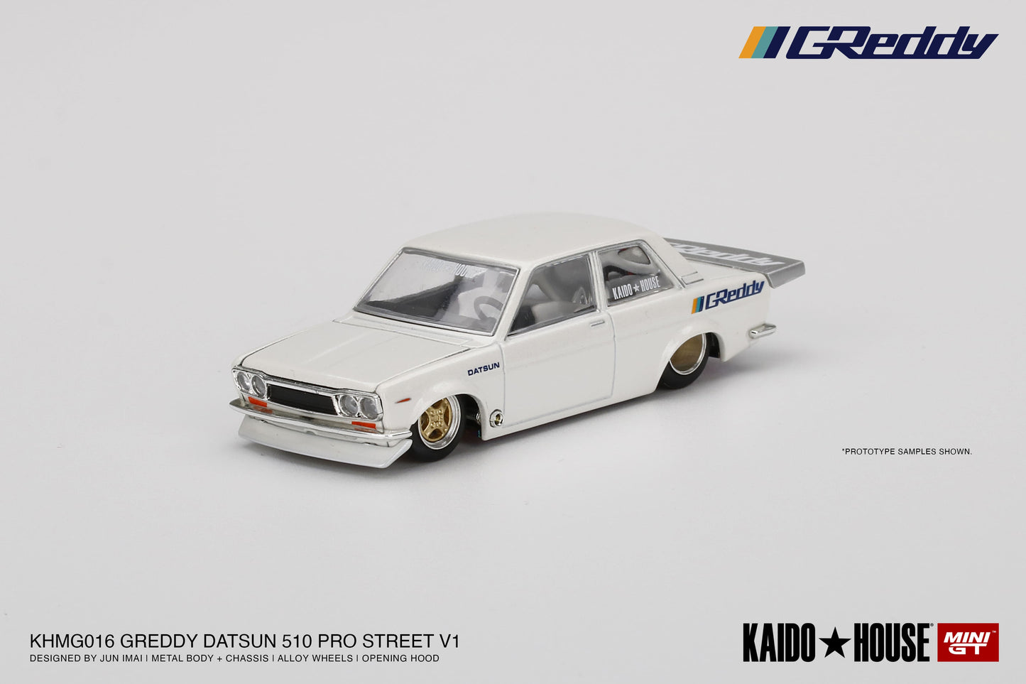 1/64 Kaido House x Mini GT Datsun 510 Pro Street GREDDY Pearl White Limited Edition KHMG016