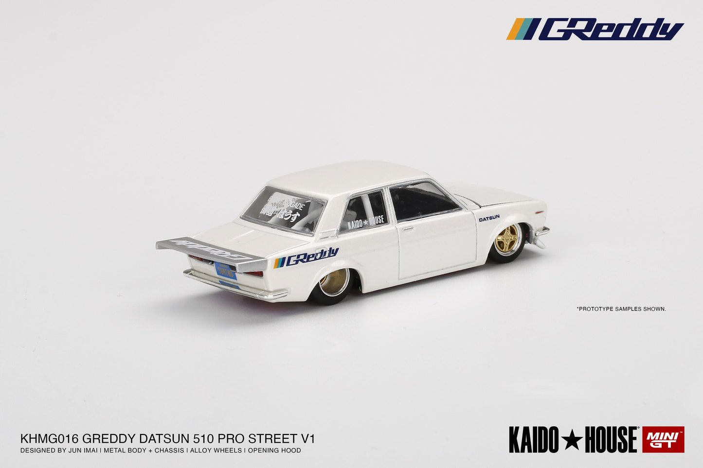 1/64 Kaido House x Mini GT Datsun 510 Pro Street GREDDY Pearl White Limited Edition KHMG016