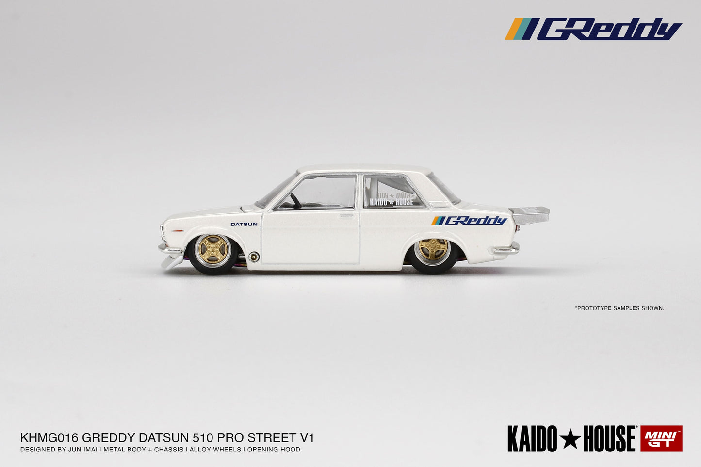 1/64 Kaido House x Mini GT Datsun 510 Pro Street GREDDY Pearl White Limited Edition KHMG016