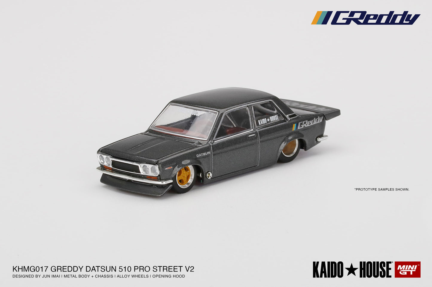 1/64 Kaido House x Mini GT Datsun 510 Pro Street GREDDY Gunmetal Grey Limited Edition KHMG017