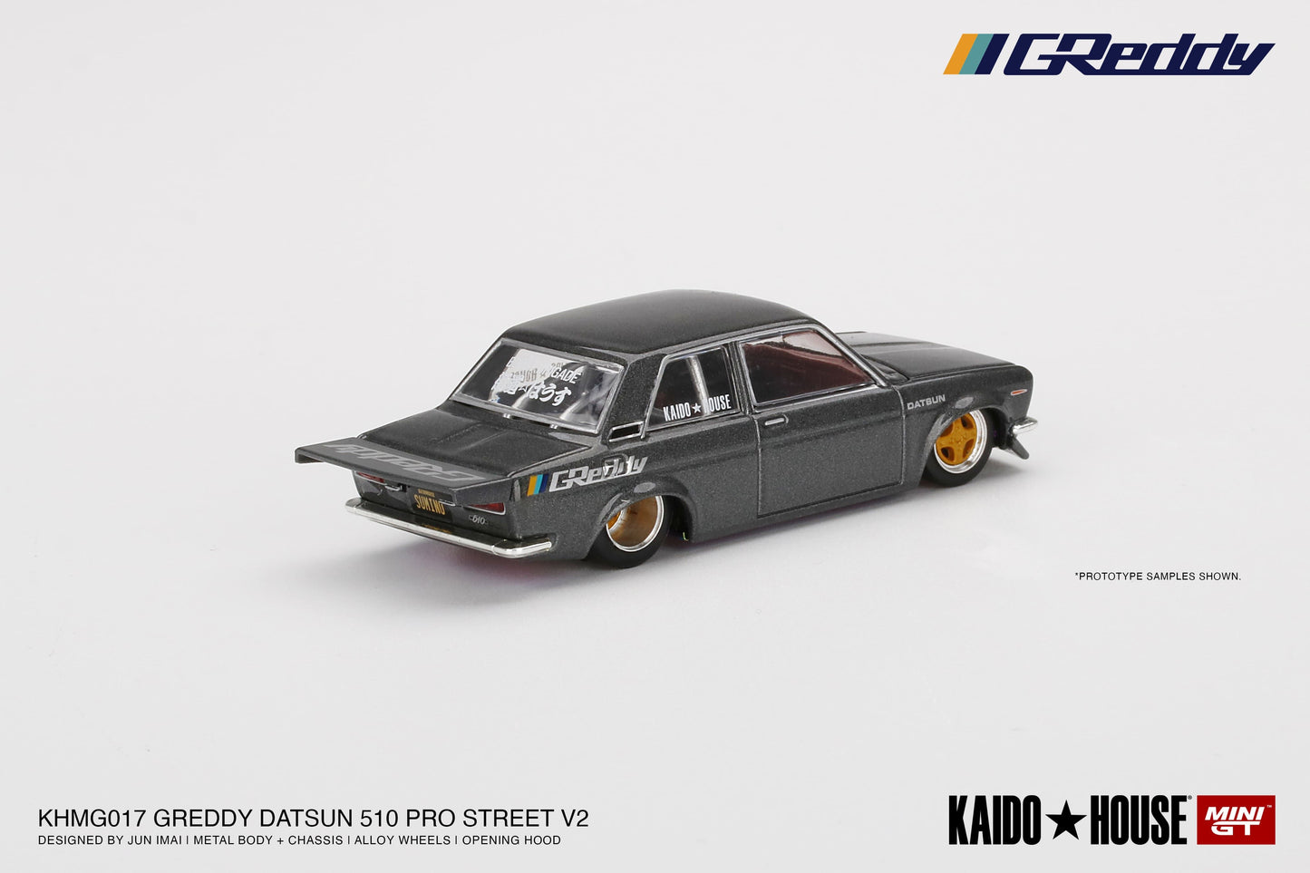 1/64 Kaido House x Mini GT Datsun 510 Pro Street GREDDY Gunmetal Grey Limited Edition KHMG017