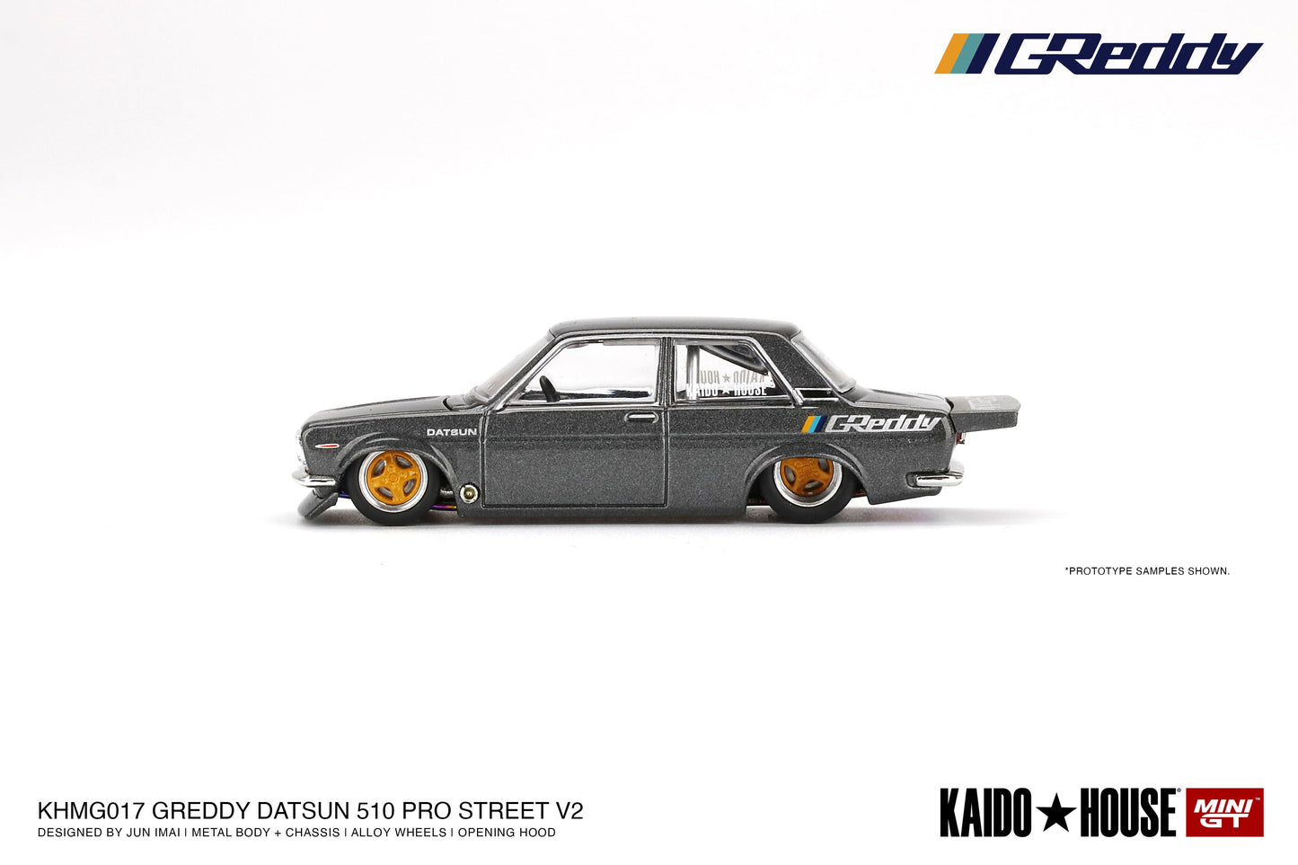 1/64 Kaido House x Mini GT Datsun 510 Pro Street GREDDY Gunmetal Grey Limited Edition KHMG017