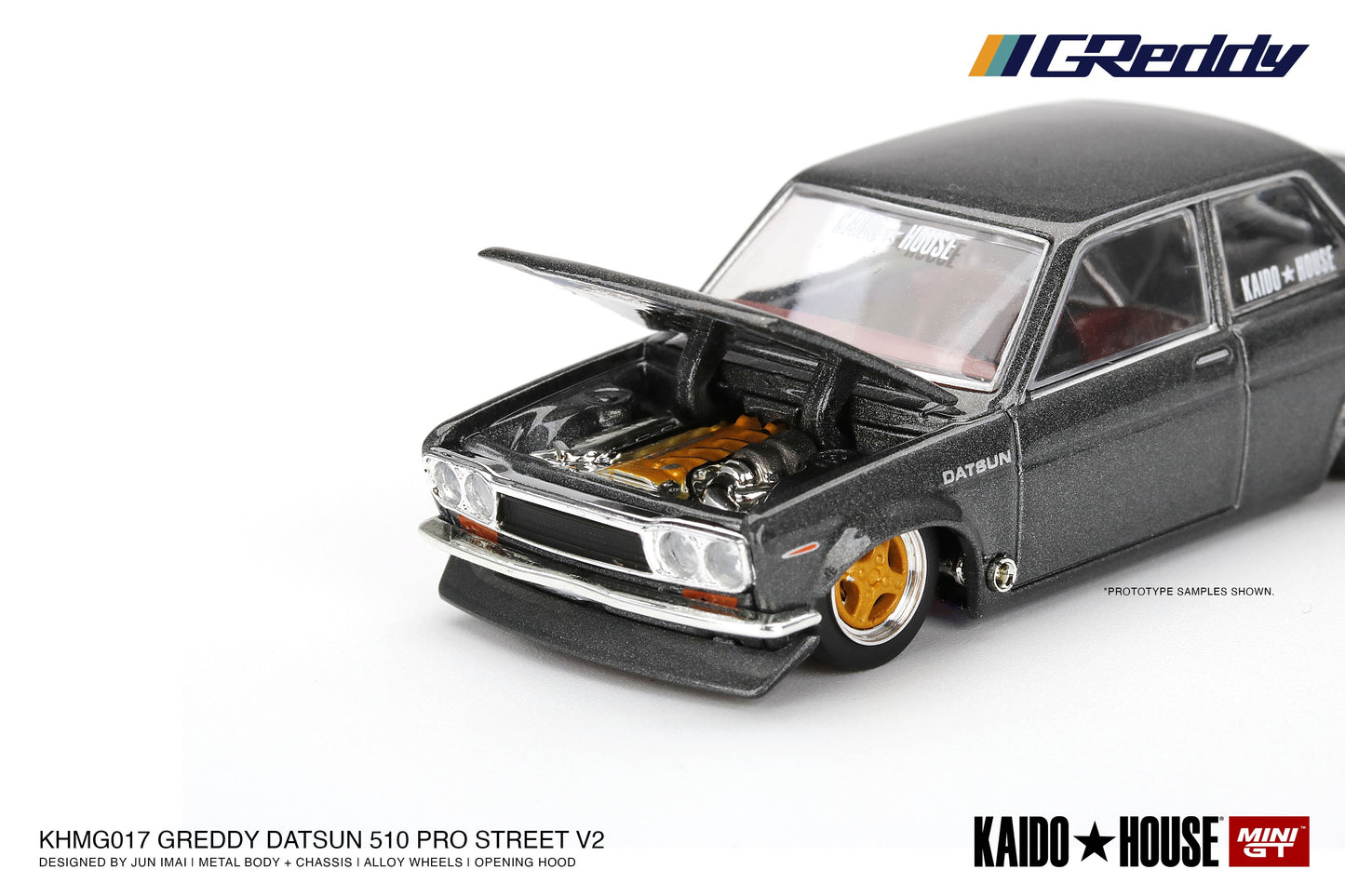 1/64 Kaido House x Mini GT Datsun 510 Pro Street GREDDY Gunmetal Grey Limited Edition KHMG017