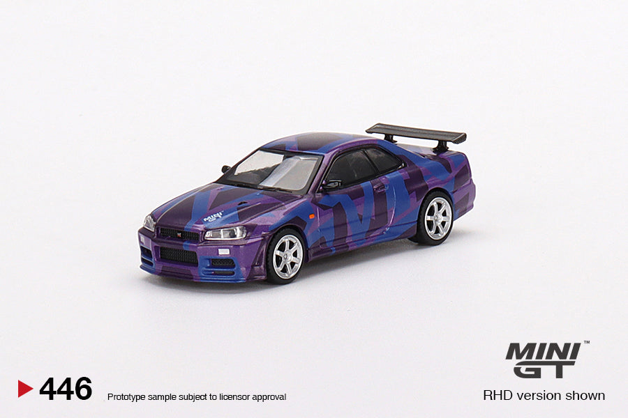 1:64 Mini GT #446 Nissan Skyline GT-R (R34) V-Spec II MINI GT Digital Camouflage Purple MINI GT 5 Years Anniversary Model Special EdItion Limited MGT00446