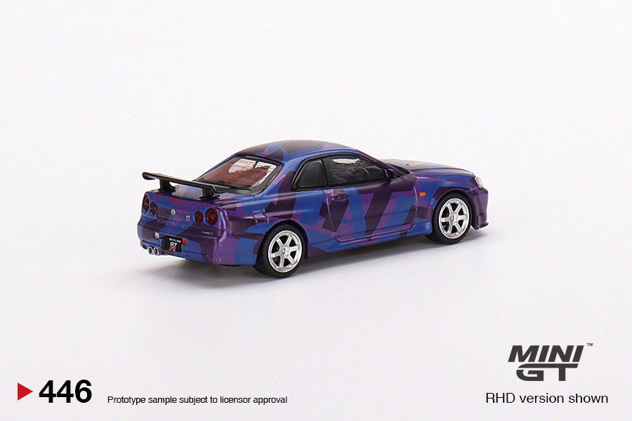 1:64 Mini GT #446 Nissan Skyline GT-R (R34) V-Spec II MINI GT Digital Camouflage Purple MINI GT 5 Years Anniversary Model Special EdItion Limited MGT00446