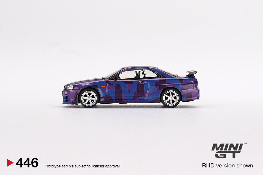 1:64 Mini GT #446 Nissan Skyline GT-R (R34) V-Spec II MINI GT Digital Camouflage Purple MINI GT 5 Years Anniversary Model Special EdItion Limited MGT00446