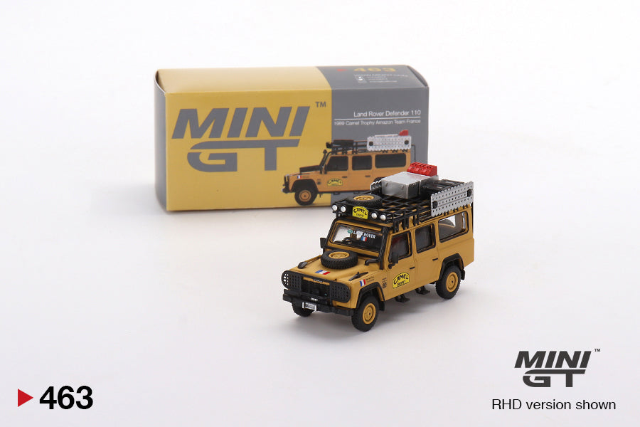 Mini GT 1:64 Land Rover Defender 110 1989 Camel Trophy Amazon Team France #463 Limited Edition MGT00463