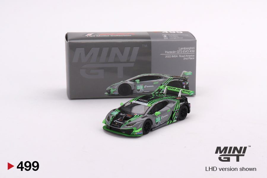 Mini GT 1:64 Lamborghini Huracán GT3 EVO #39 2022 IMSA Road America 2nd Place Limited Edition MGT00499