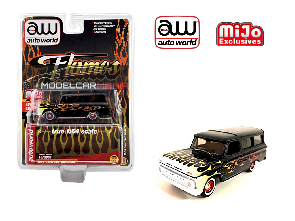 Auto World 1:64 1965 Chevrolet Suburban Custom Matte Black With Flames Limited Edition CP7832