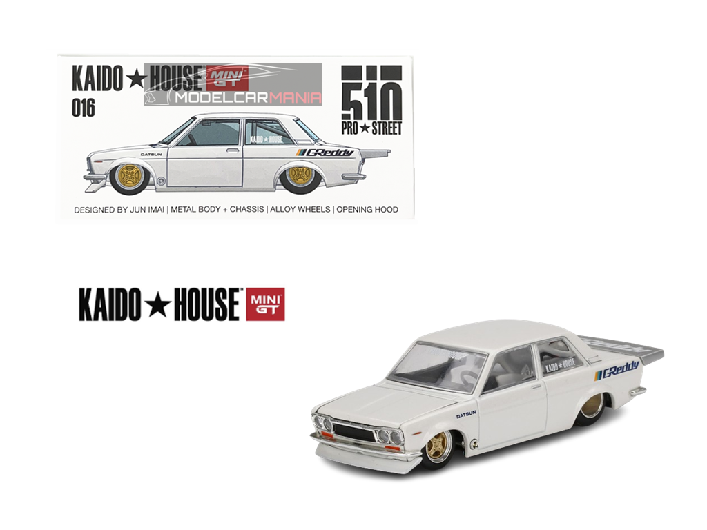 1/64 Kaido House x Mini GT Datsun 510 Pro Street GREDDY Pearl White Limited Edition KHMG016