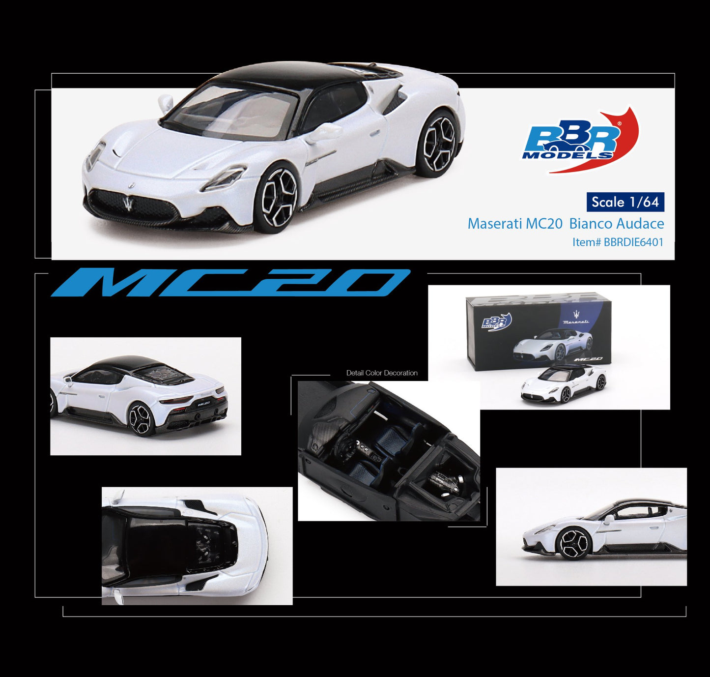 1/64 BBR Models Maserati MC20 Bianco Audace White BBRDIE6401