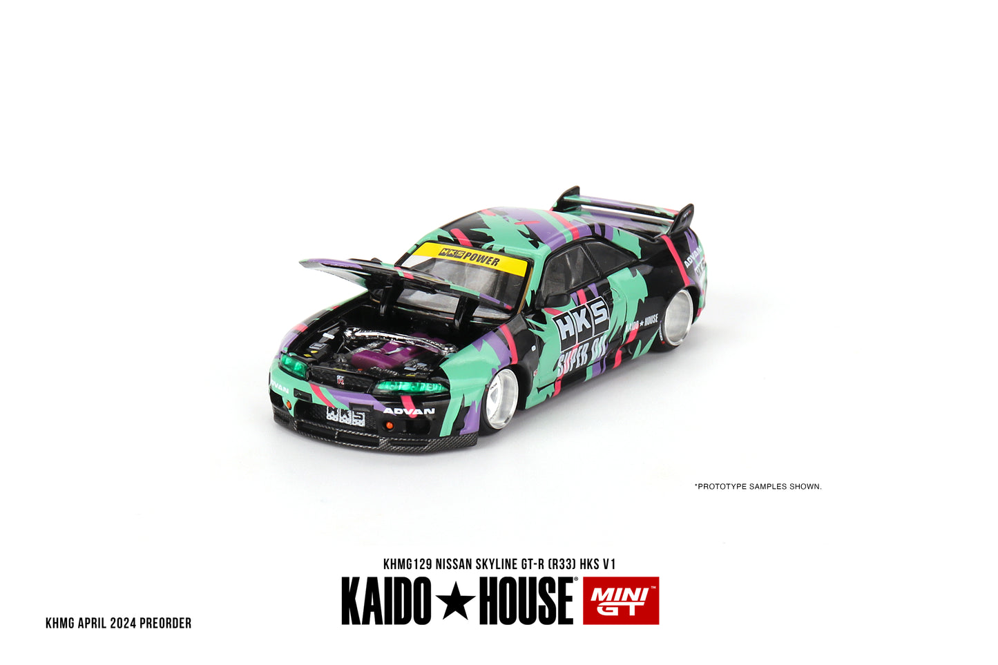 1/64 Kaido House x Mini GT Nissan Skyline GT-R (R33) HKS V1 – Black Green Limited Edition KHMG129