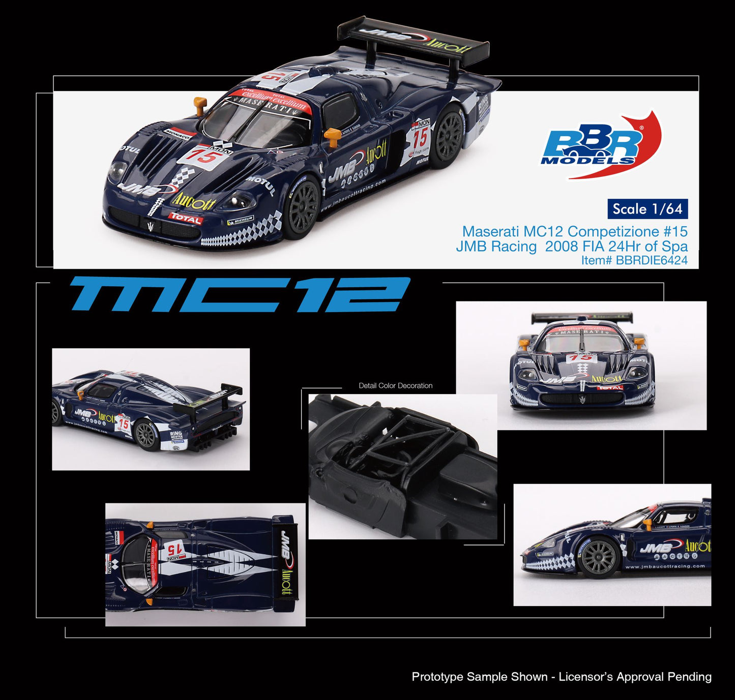 1/64 BBR Models Maserati MC12 Competizione #15 JMB Racing 2008 FIA 24Hr of Spa BBRDIE6424