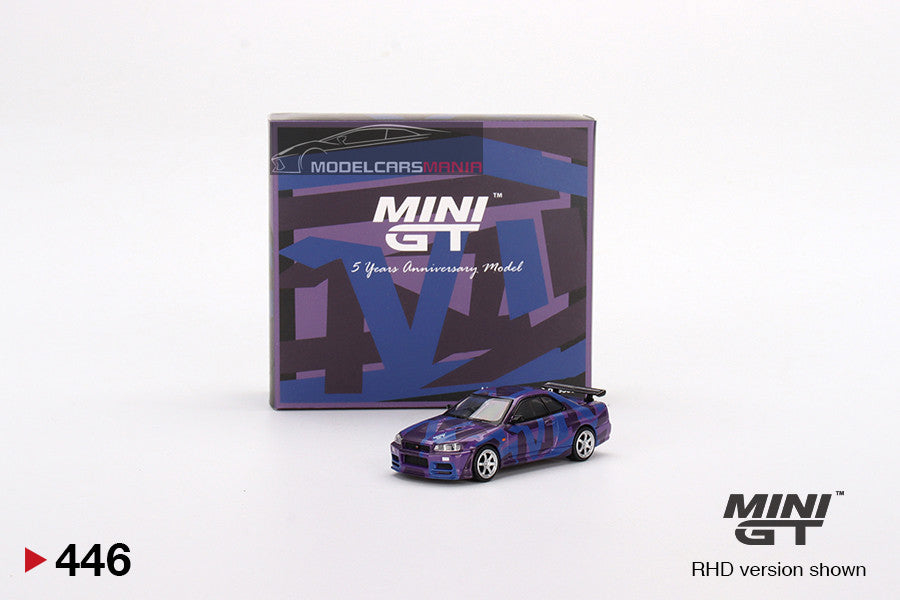 1:64 Mini GT #446 Nissan Skyline GT-R (R34) V-Spec II MINI GT Digital Camouflage Purple MINI GT 5 Years Anniversary Model Special EdItion Limited MGT00446