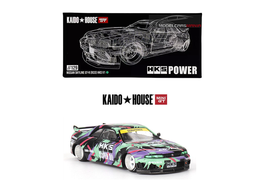 1/64 Kaido House x Mini GT Nissan Skyline GT-R (R33) HKS V1 – Black Green Limited Edition KHMG129