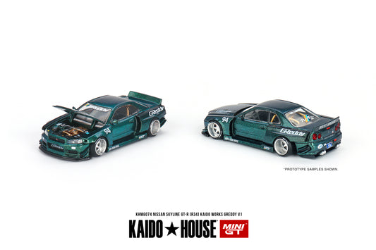 1:64 Mini GT Kaido House Nissan Skyline GT-R (R34) Kaido Works GReddy V1  Green  Limited Edition KHMG074