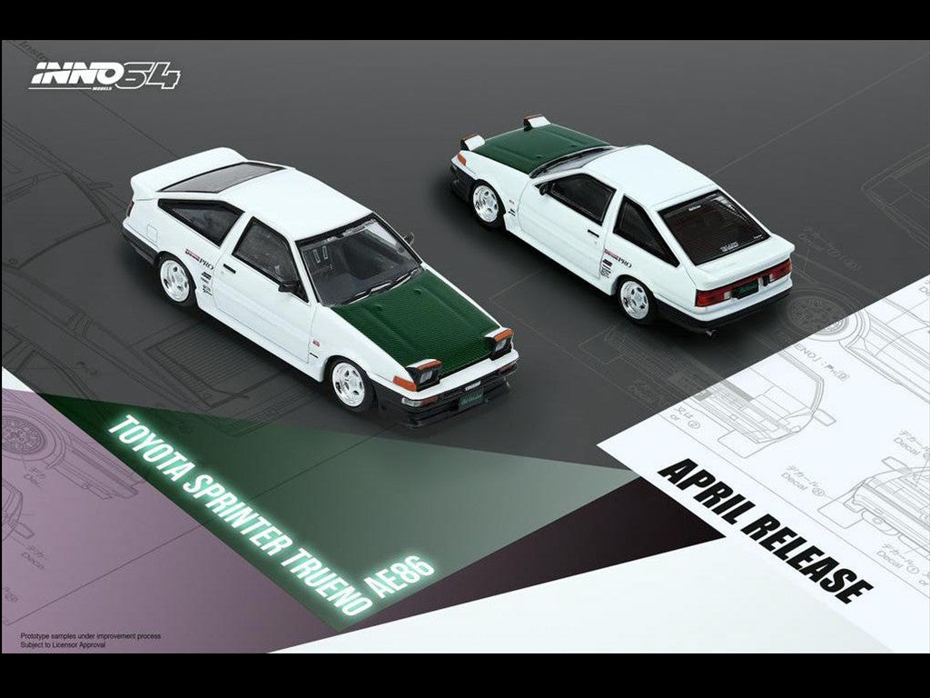 INNO64 1:64 Toyota Sprinter Trueno AE86 Drift Car White with Green Carbon Fiber Hood Special EdItion IN64-AE86T-DC