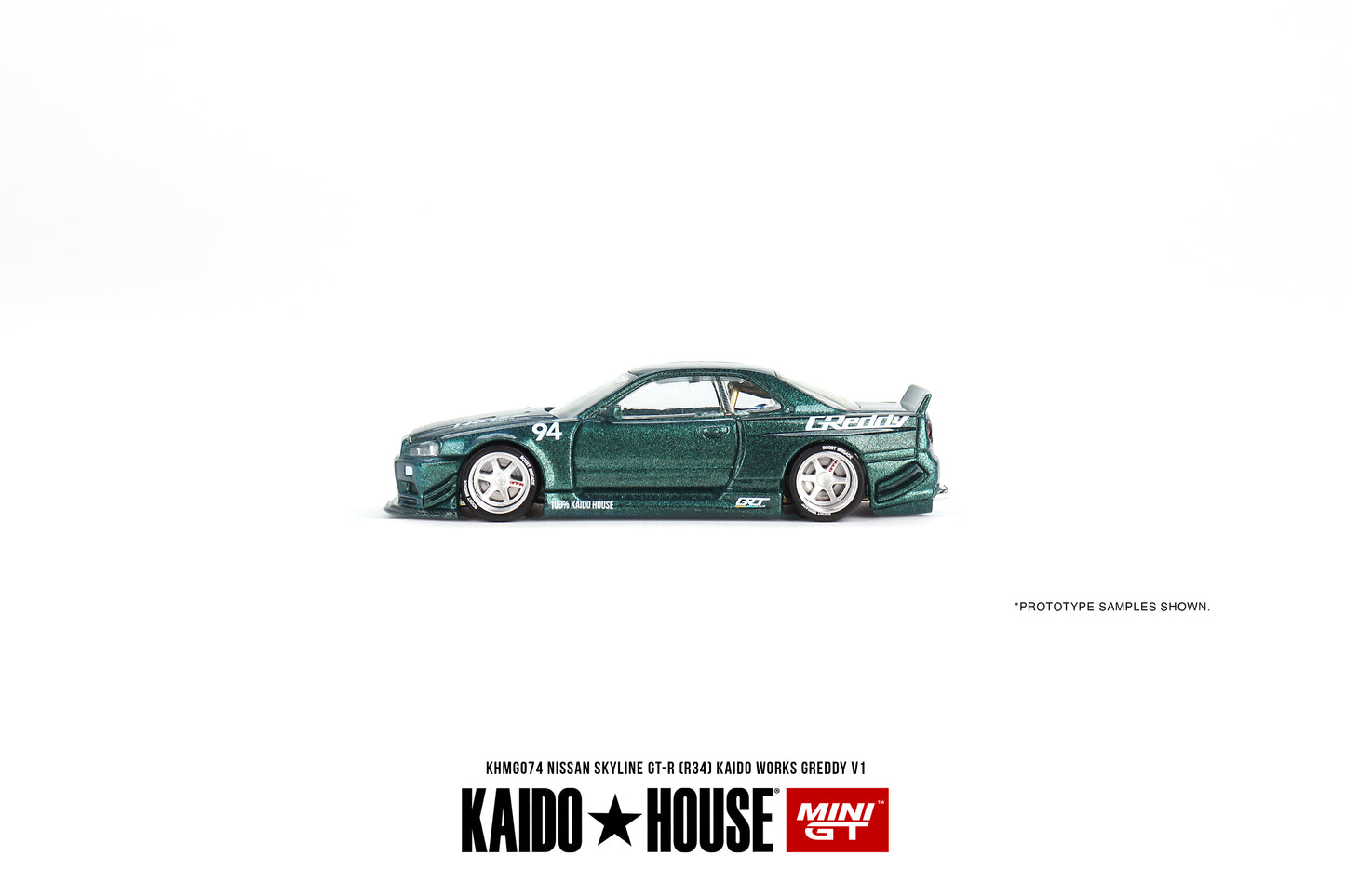 1:64 Mini GT Kaido House Nissan Skyline GT-R (R34) Kaido Works GReddy V1  Green  Limited Edition KHMG074