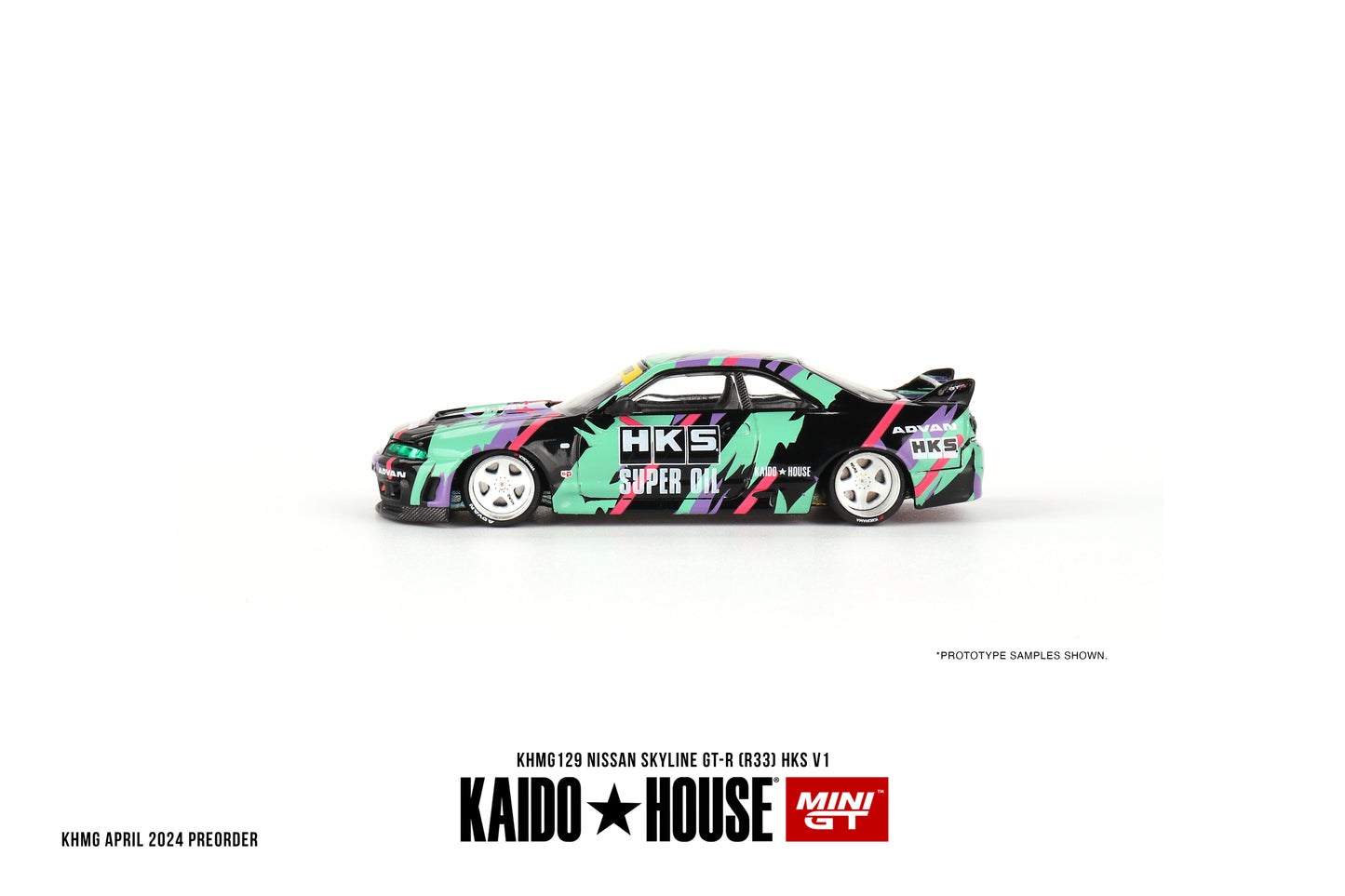 1/64 Kaido House x Mini GT Nissan Skyline GT-R (R33) HKS V1 – Black Green Limited Edition KHMG129