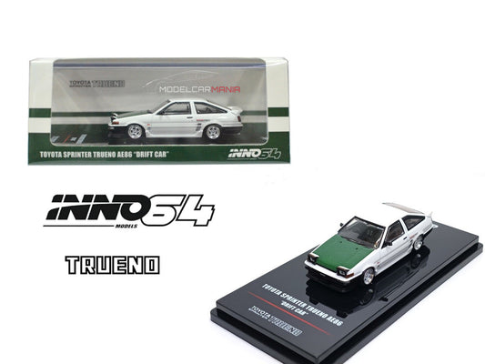 INNO64 1:64 Toyota Sprinter Trueno AE86 Drift Car White with Green Carbon Fiber Hood Special EdItion IN64-AE86T-DC