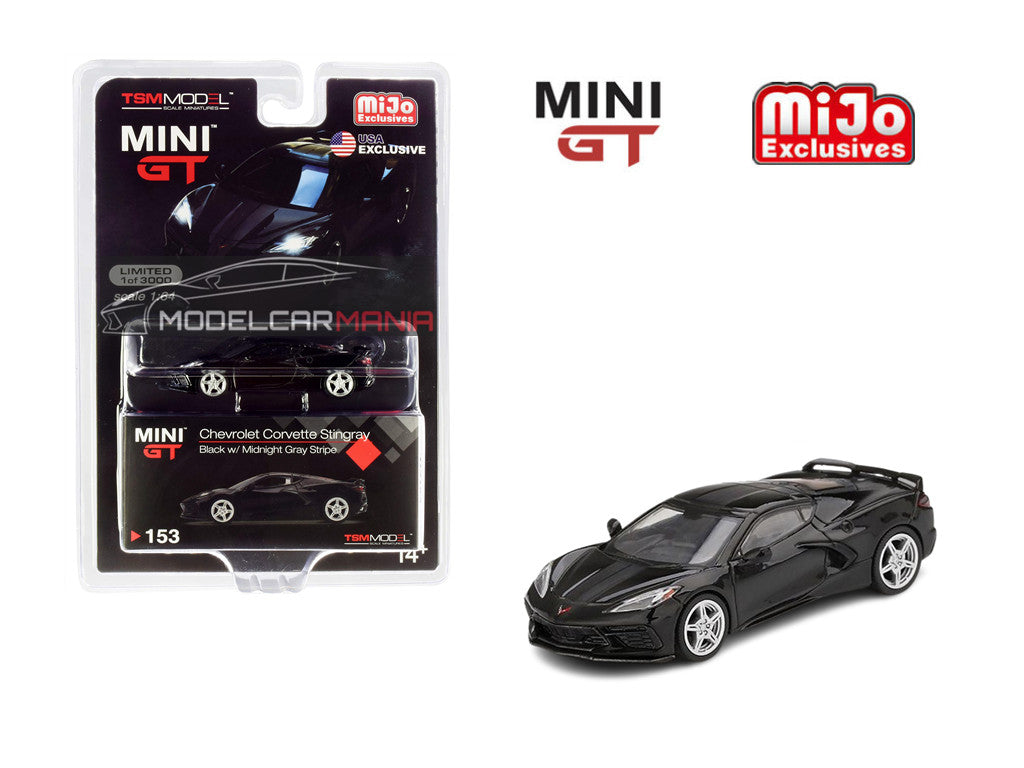 1/64 Mini GT #153 2020 Chevrolet Corvette Stingray - Black w/ Midnight Grey Stripe Limited Edition mgt00153