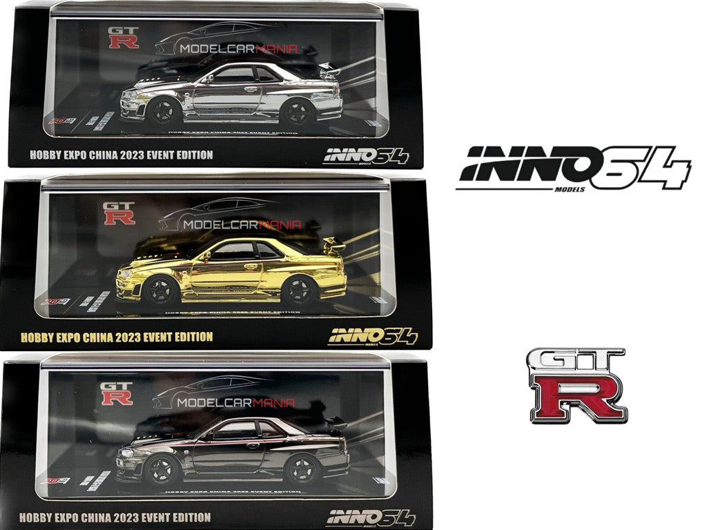 INNO64 1:64 NISSAN SKYLINE GT-R (R34) NISMO R-TUNE CHROME HOBBY EXPO CHINA 2023 EVENT SPECIAL EDITION 3 Cars Set IN64-R34RT-BCH /SCH/GCH