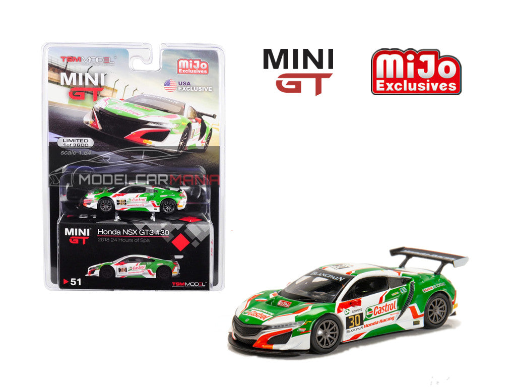 Mini GT 1:64 Honda NSX GT3 #30 24HR SPA Castrol (Green/White) #51 Limited Edition MGT00051