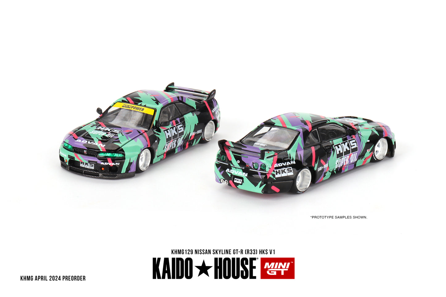 1/64 Kaido House x Mini GT Nissan Skyline GT-R (R33) HKS V1 – Black Green Limited Edition KHMG129