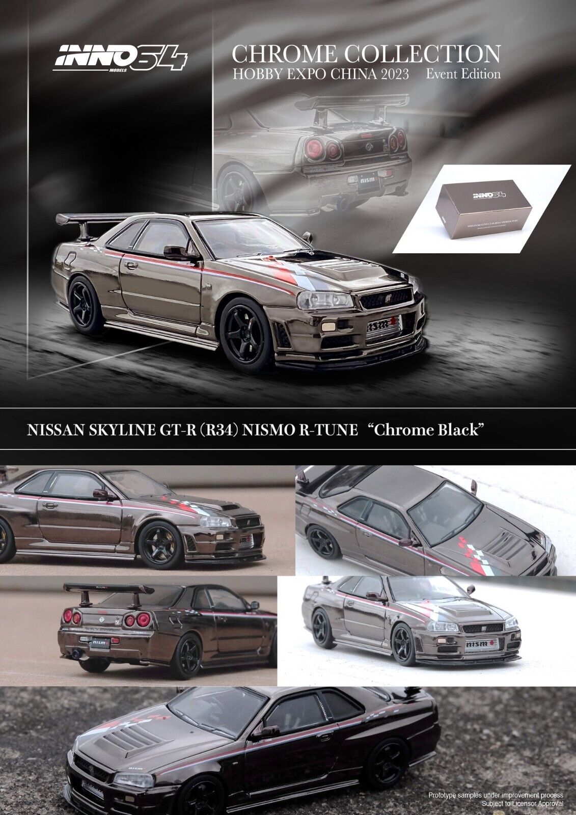 INNO64 1:64 NISSAN SKYLINE GT-R (R34) NISMO R-TUNE CHROME HOBBY EXPO CHINA 2023 EVENT SPECIAL EDITION 3 Cars Set IN64-R34RT-BCH /SCH/GCH