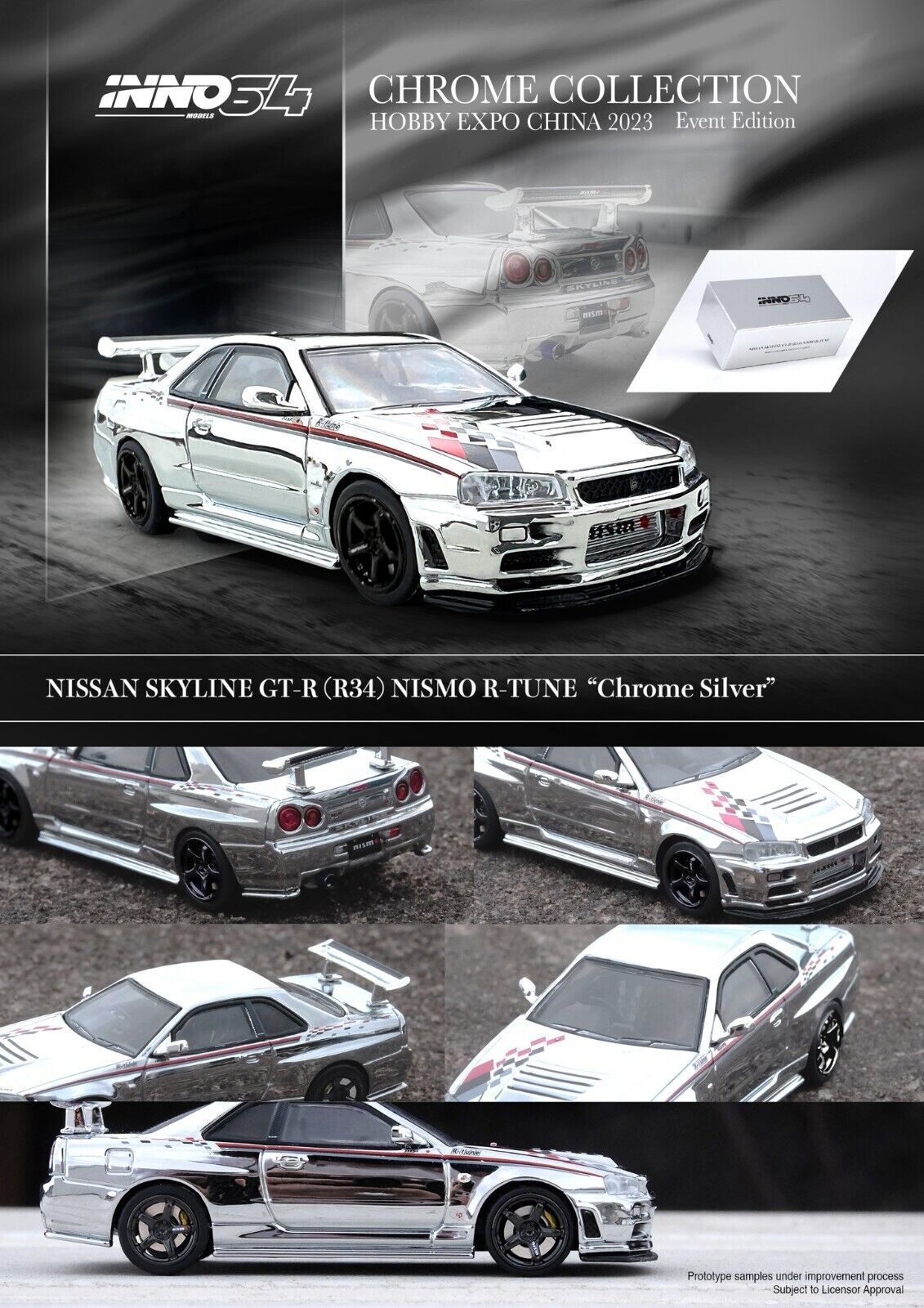 INNO64 1:64 NISSAN SKYLINE GT-R (R34) NISMO R-TUNE CHROME HOBBY EXPO CHINA 2023 EVENT SPECIAL EDITION 3 Cars Set IN64-R34RT-BCH /SCH/GCH