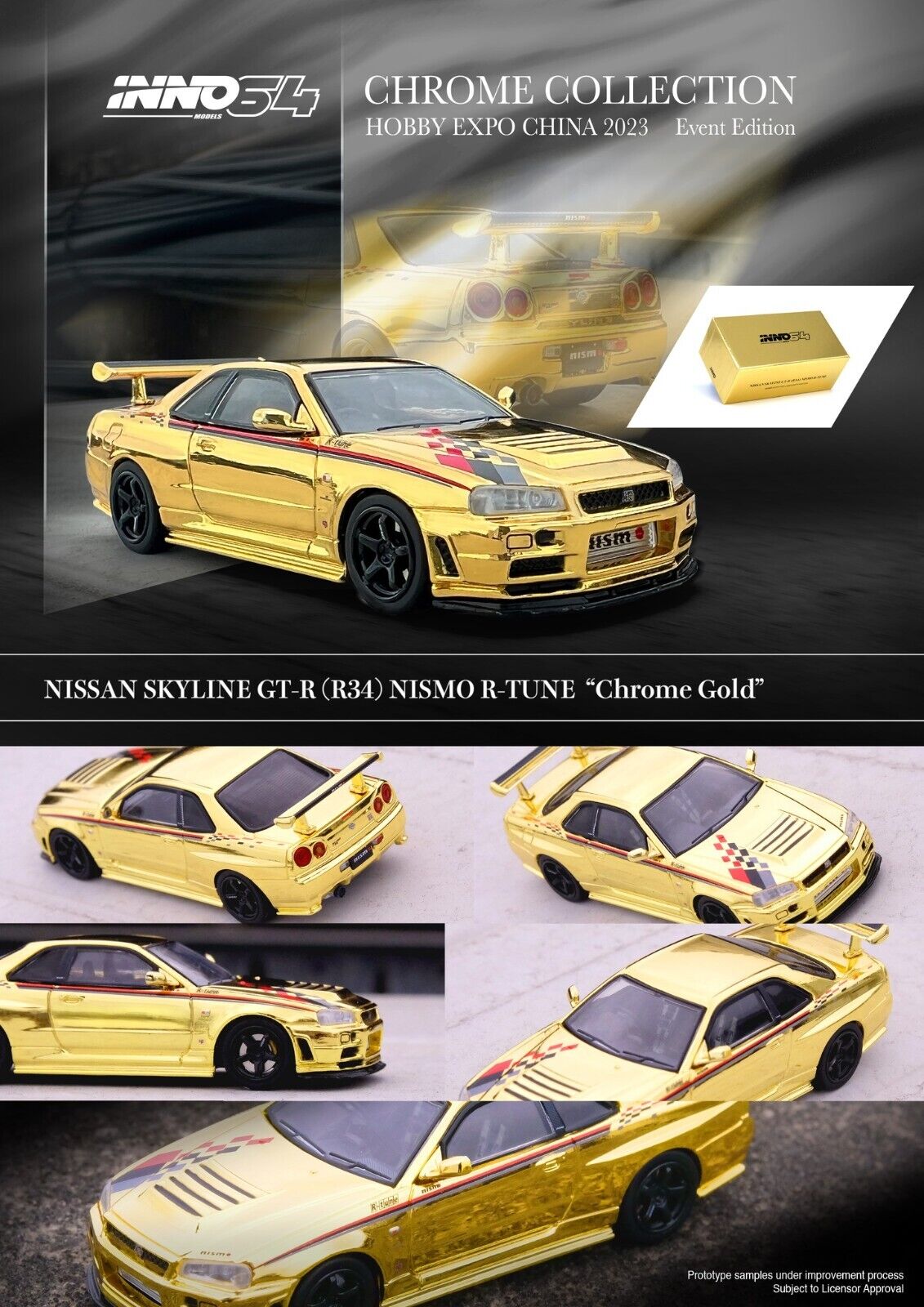 INNO64 1:64 NISSAN SKYLINE GT-R (R34) NISMO R-TUNE CHROME HOBBY EXPO CHINA 2023 EVENT SPECIAL EDITION 3 Cars Set IN64-R34RT-BCH /SCH/GCH